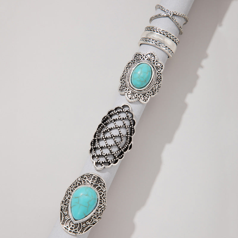 Wholesale 2 Sets turquoise cross 5pcs/set ring suit wide-brimmed ring